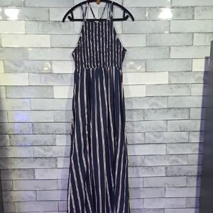 Altar'd State Navy, White And Brown Striped Maxi Dress Size Large